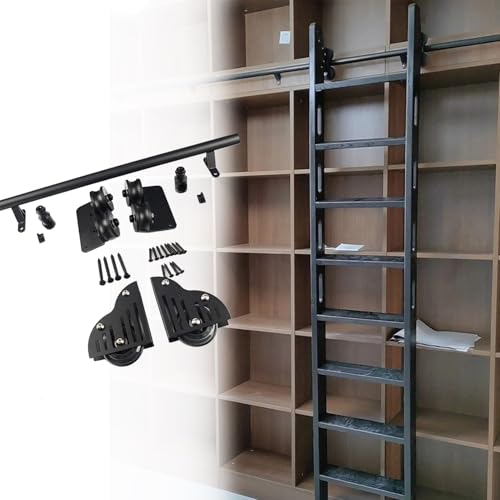 Escalera Deslizante Juego Completo De Accesorios, Kit De Herrajes Para Escalera Móvil De Biblioteca Estantería Escalera Para Escalar Casa, Con Ruedas De Rodillo En El Suelo (Sin Escalera)(244cm Kit de