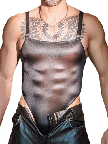 iiniim Men's Stretchy Sheer See Through Bodysuit High Cut Oil Glossy Jumpsuit Catsuit Leotard