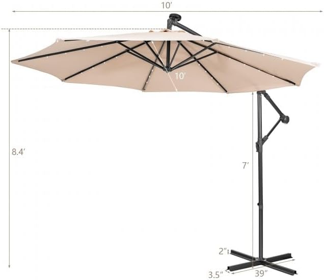 10ft Solar Cantilever Umbrella Incorporating 32 Solar LED Lights, Flexible Tilting Design, 100sqft Sun-Blocking Polyester Canopy, Robust Steel Structure