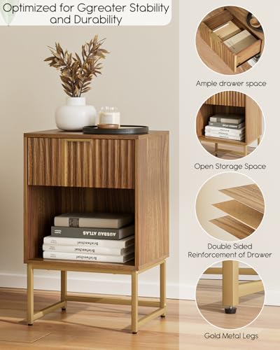 Image of Masupu Fluted Nightstand,Modern Night Stand Wood Bedside Table with Storage Drawer Side End Table for Bedroom,Office,Walnut Brown