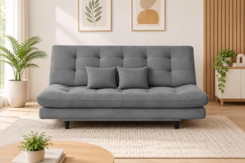 Image of 3-Seater Velvet Sofa Cum Bed | Tufted Convertible Sleeper Sofa | Plush Cushioned Seating | Space-Saving Design for Living Room, Bedroom & Office | Grey