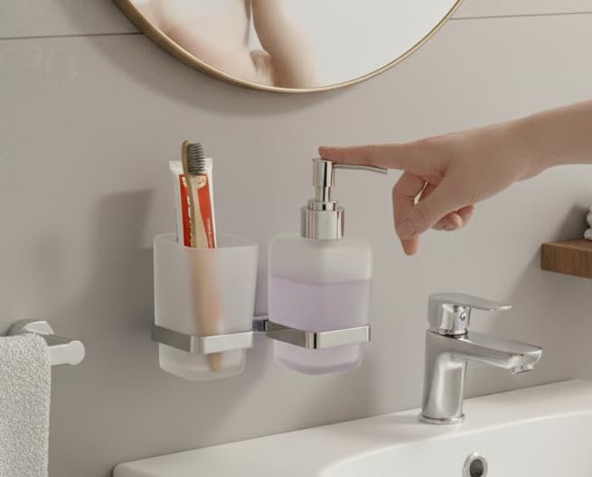 Image of Stainless Steel Toothbrush Holder with Glass Tumbler & Liquid Soap Dispenser Set - Wall Mounted 2-in-1 Bathroom Organizer, Chrome Finish (Square /Frosted Glass) (E 2712)