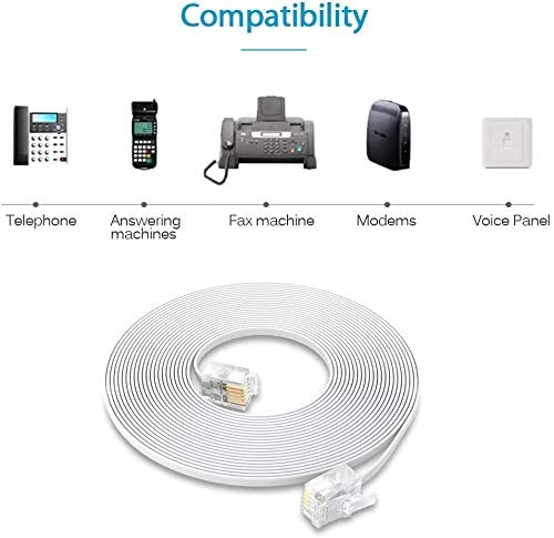 MAOZHOU 6m White Flat Telephone Extension Cable for Landline Fax, Modem - 6P4C to 8P8C Connector, 6 meters - Image 4