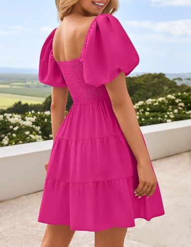 Image of ZESICA Women's Boho 2026 Summer Square Neck Puff Sleeve Off Shoulder Smocked Tiered Casual A Line Short Mini Dress