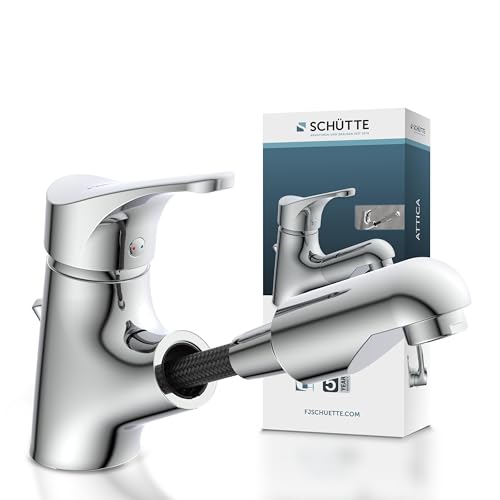 ATTICA 22150 Waschtischarmatur Bad, Wasserhahn mit Haarbrause, Badarmatur mit ausziehbarer Brause zum Haarewaschen, Einhebelmischer herausziehbar mit Ablaufgarnitur, Chrom