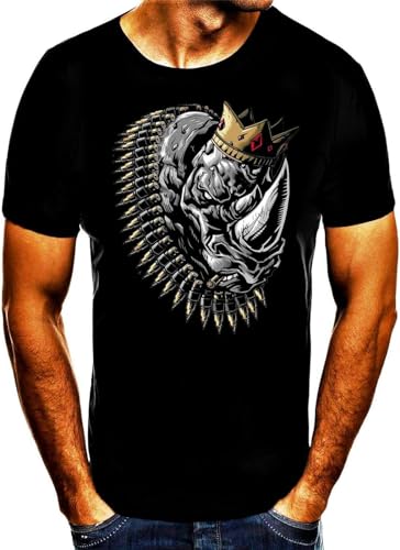 Cool Rhino with Crown and Cartridges Chain Print Mens T-Shirt Black Size M