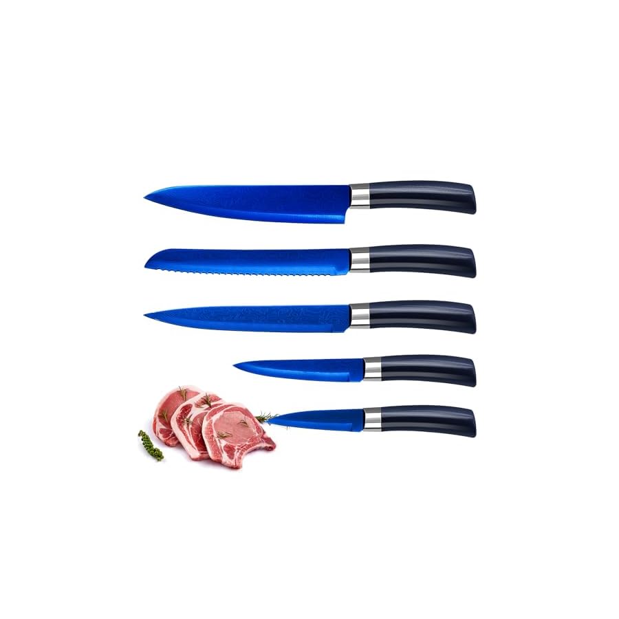 Knife Set, 6Pcs Kitchen Non Stick Knives Set with Block Stainless Steel Thick Blade Cutlery Knife Block Sets with Bread Knife, Chef Knife, Sharp Quality Plastic Knife Block Blue Handle and Blade