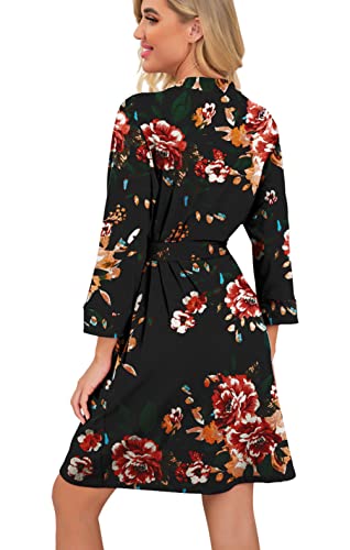 Prinstory Women Kimono Robes Short Lightweight Robe Soft Knit Sleepwear Casual Knit Bathrobe Ladies Loungewear Fp-Brown Black-Medium #TOP3