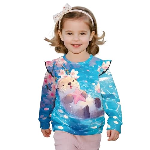 Xhuibop Cute Otter Toddler Girl Clothes 4T 5T Kids Crewneck Sweatshirt for Outdoor School Travel Fashion Ruffle Long Sleeve Shirts for Girls Casual Pullover Top