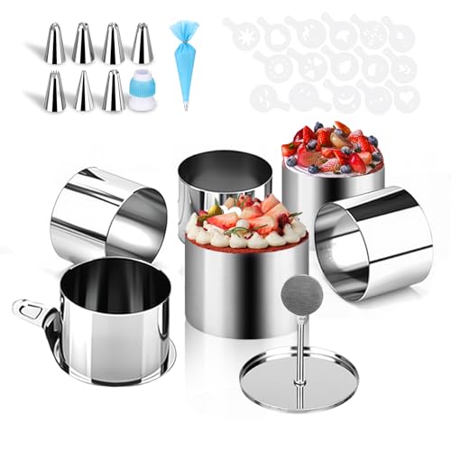 KIMIGO Aros de Cocina Set, 6pcs Anillo de Pastel con Elevador y Apisonador, 7.5 cm Aro Emplatar,Aros de Postre y Alimentación Redondos, para Pasteles Mousse Bolas de Arroz, Anillos para Tartas