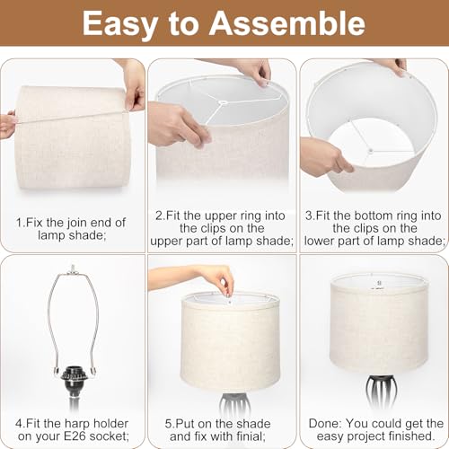 Image of Lampshades Set of 2, Drum Lampshades 11.6 inch Top x 12.6 inch Bottom x 9.8 inch High, Seaside village Medium Lampshades (Spider Fitter), Beige Lampshades Natural Linen Hand Crafted, Easy Assembly Required