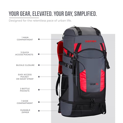 Image of Gear Explore 75L Extra Large Water Resistant Rucksack /Travel bag /For Men & Women(Grey - Red)