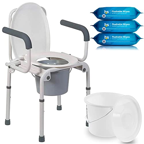 DMI Portable Commode Kit, Includes DMI Drop Arm Commode, DMI Bedside Commode Replacement Bucket with Lid & Handle, and HealthSmart 180 Count Flushable Wipes