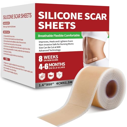 Silicone Scar Sheets (1.6x 60 Roll-1.5M) Medical Grade Silicone Scar Tape Roll Reusable Silicone Scar Strip Professional Scar Removal Sheets for Surgery C-Section Burn Keloid Acne Etc