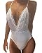StyleDome Women Lace Strap Halter Plunge V Neck Bodysuit Bodycon Stretch Babydoll Leotard White US 4