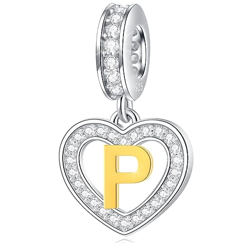 Image of GLOWDAS 18K Gold Plated Letter Charms Initial A to Z Necklace Pendant, 925 Sterling Silver CZ Heart Dangle Alphabet Beads fit European DIY Bracelet, Gifts for Valentiens /Christmas /Family
