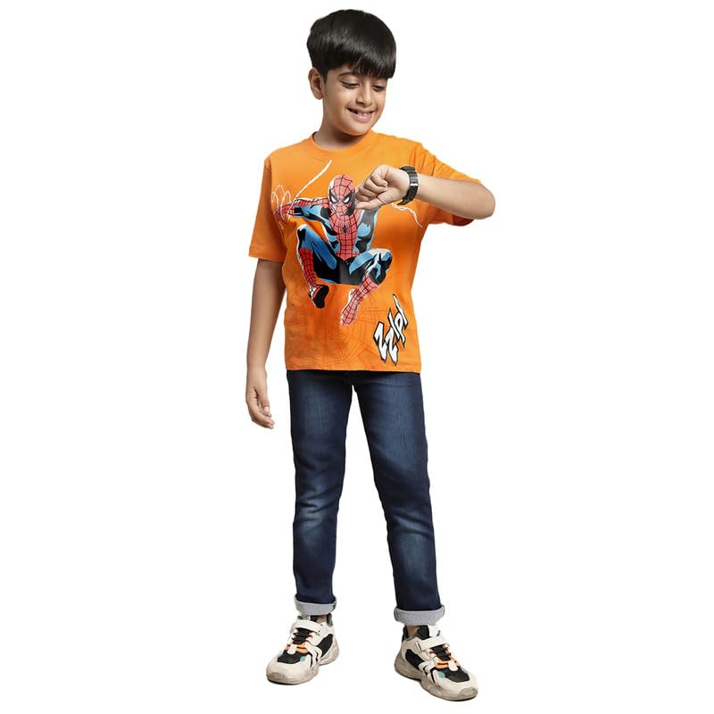 Image of Kidsville Spiderman Printed Regular Fit Orange Cotton Boy's T-Shirt