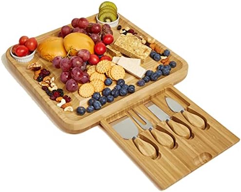 Walgett Bamboo Cheese Board Charcuterie Platter with Bowls&Knife Set,Cracker Meat Serving Tray,Ideal gift for Christmas Wedding Birthday