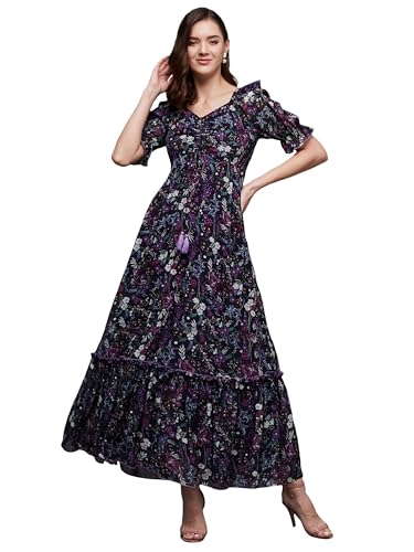 Image of Miss Chase Women's Fit and Flare Ankle Length V-Neck Puff Sleeve Floral Ruching Dress with Pockets
