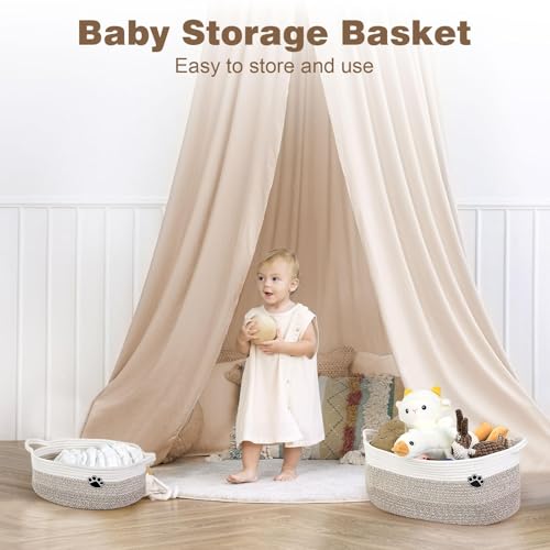 Image of Optish Dog Toy Basket, 30L Toy Box and Bin for Dog Cat Storage, 19.7 inch X 11 inch X 7.9 inch Large Woven Rope Basket for Blanket Storage, Living Room, Bedroom, White & Brown