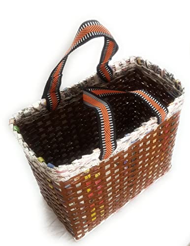 Image of Paperus, Medium, Brown Check, Lunch Bag, Picnic Basket, Carry Bag, Tiffin Basket for Office, Rectangular, Eco-Friendly, Handmade, of Paper Ropes, in Inch 11 H, 12 L, 6 Wide Base