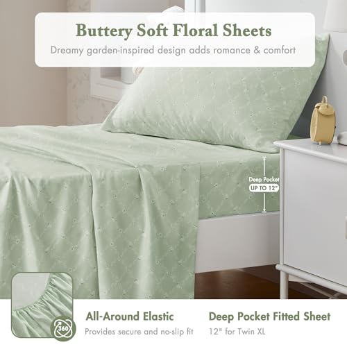 Image of Madison Park Essentials Adele Green Floral Twin XL Size Comforter Set - Vintage Bed in a Bag with Sheets, Reversible Ruffle Bedding, Elegant Gift for Her