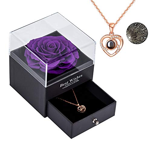Rosa real preservada Eterna hecha a mano Rosa preservada con amor, rosa eterna hecha a mano para el día de San Valentín Aniversario de bodas Día de la Madre Regalos románticos para ella, Púrpura