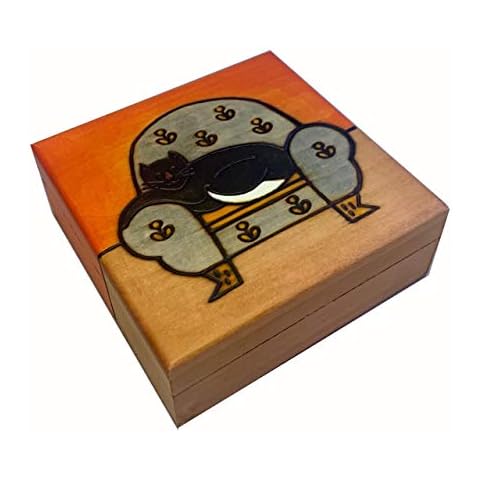 Black Cat on a Chair Wooden Box Polish Handmade Keepsake Black Cat Jewelry Box Cover