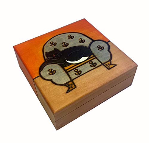 Black Cat on a Chair Wooden Box Polish Handmade Keepsake Black Cat Jewelry Box
