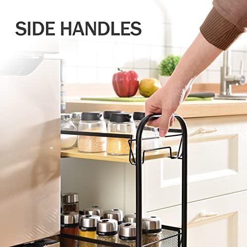 KINGRACK 4-Tier Slim Rolling Cart with Wooden Tabletop,Easy Assemble Mobile Storage Trolley On Wheels,Slide Out Utility Cart Shelving Units for Narrow Space on Kitchen Bathroom Laundry Room,Black