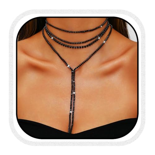 Unicra Black Rhinestone Necklace Diamond Choker Necklaces Formal Bridal Prom Fashion Costume Jewelry Necklace for Women (Black)