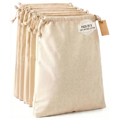 Cotton Canvas Storage Bags, XL 14x17 (6 Pack)–Reusable Muslin Drawstring