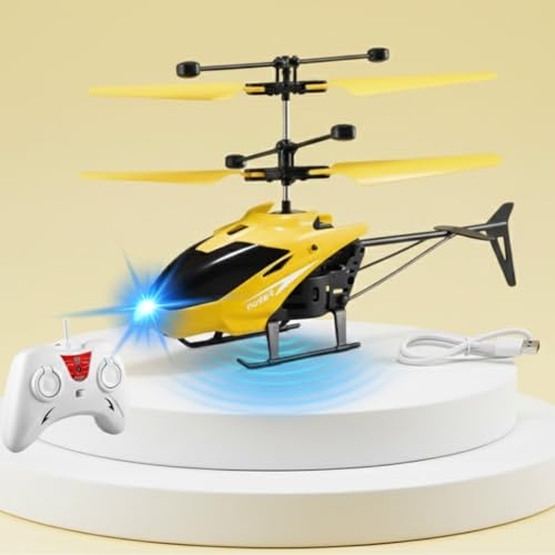 Image of RC Helicopter with Hand Gravity Sensor for Kids Flying Remote Control Toy, Chargeable LED Light & Smart Safety Sensor, Indoor Outdoor Play, for Boys & Girls - Pack of 1 (Yellow)