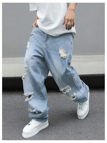 SweatyRocks Men's Baggy Jeans Ripped Loose Low Waist Casual Wide Leg Denim Pants Streetwear2