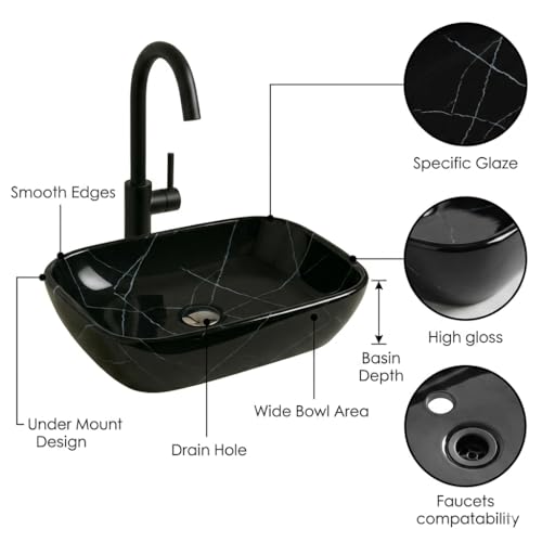 Image of Ceramic Tabletop Wash Basin - Glossy Rectangular Countertop Vessel Sink with Marble Finish for Bathroom & Vanity | Compact 18 x 13 x 5 Inch | Elegant Washbasin