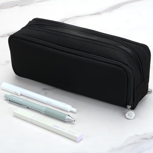 Image of Large Capacity Special Aesthetic Pencil Case Organizer with 3 Compartments, Big Preppy School Pencil Pouch Bag for Girls Women Adults, Pencil Holder Pen Pouch Cases (Black)