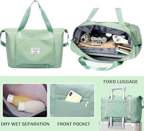 Image of Nylon 41L Expandable Travel Bag for Women, Foldable Waterproof Duffle Bag, Lightweight Carry-On Luggage with Wet Pocket, Vanity Handbag for Travel & Gym (Green, 41 Liter)