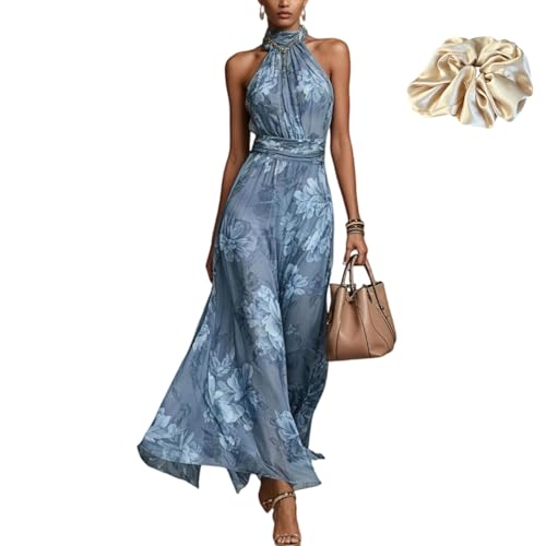 Floral Chiffon Halter Sleeveless Maxi Dress Wedding Guest Cocktail Turtle