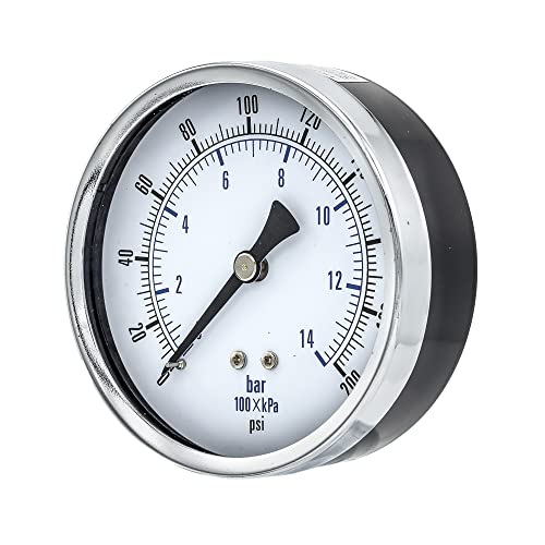 Dry Center Back Mount Pressure Gauge with 3.5" Dial, 0-200 PSI, 1/4" Male NPT Connection, Chrome Bezel, Brass Internals and Plastic Lens (1)