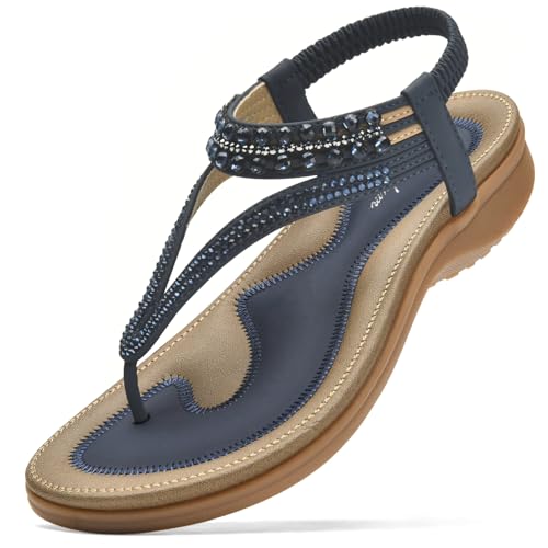 Littleplum Womens Sandals Arch Support Slingback Rhinestone Dressy Sandals Comfort Summer Shoes Ankle Strap Elastic Flats for Beach Walking Elegant Blue Size 7