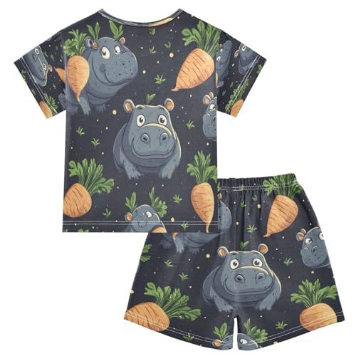 Pajama Sets Short Sleeve Cute Cartoon Hippo with Carrots Soft Cotton Summer Sleepwear 2 Piece PJS Size 5-14T2