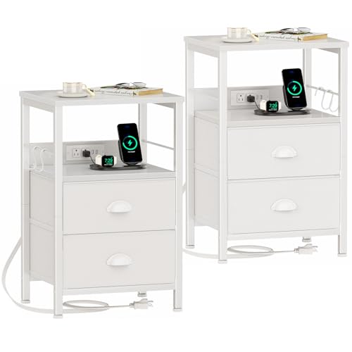Image of Furologee Nightstands Set of 2, Night Stands with Charging Station, Side Tables with 2 Fabric Drawers, End Tables with Storage Shelves, for Bedroom, White