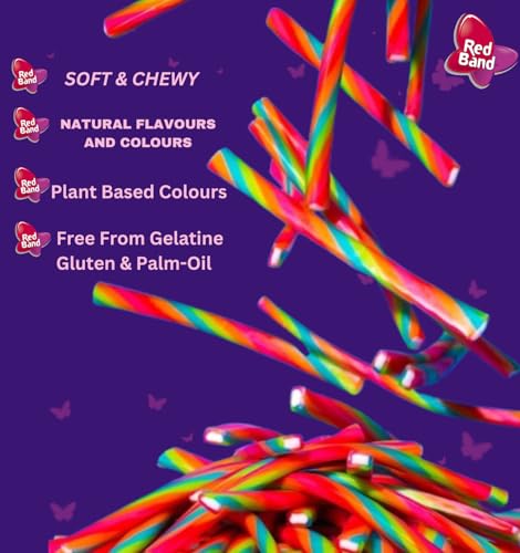 Red Band Tutti Frutti Long Twists Soft Chewy Candy with Apple Juice Concentrate| Fruit Flavour | Centre Filled | 100% Veg | Gelatine Free | Imported from Neitherlands - 100 grams (Pack of 6)