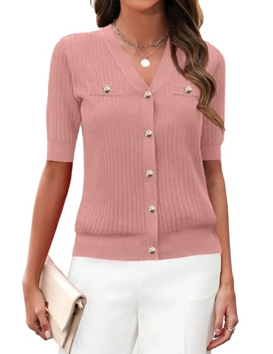 Zeagoo Women's 2025 Summer Short Sleeve Cardigan V Neck Button Down Ribbed Knit Casual Cropped Sweater Tops Pink
