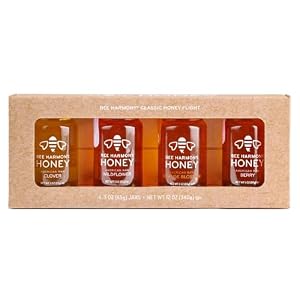 Bee Harmony Classic Honey Flight, Mini Honey Gift Set, 4 Jars, 3 OZ Each, Premium, Raw, Made in the USA