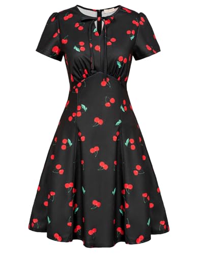 Image of Belle Poque Women's 1940s Vintage A Line Swing Dress Keyhole Tie Dress Round Neck Work Dress Tea Dress