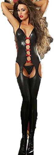 Sexy Leather Latex Bodysuit Lingerie Hollow Out Red Ribbon Leotard Porn Maid Club Dance Clothes