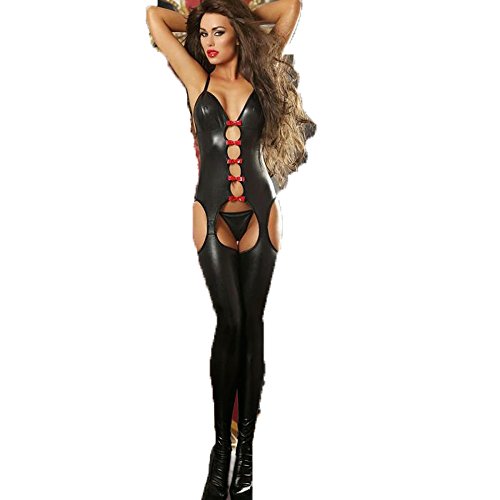 Sexy Leather Latex Bodysuit Lingerie Hollow Out Red Ribbon Leotard Porn Maid Club Dance Clothes