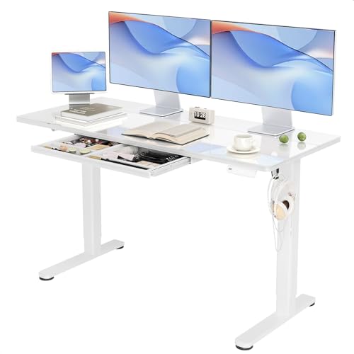 INNOVAR Glass Standing Desk with Drawers, 55 x 24 Inches Electric Height Adjustable Desk, Tempered Glass Top Stand Up Desks for Home and Office, White