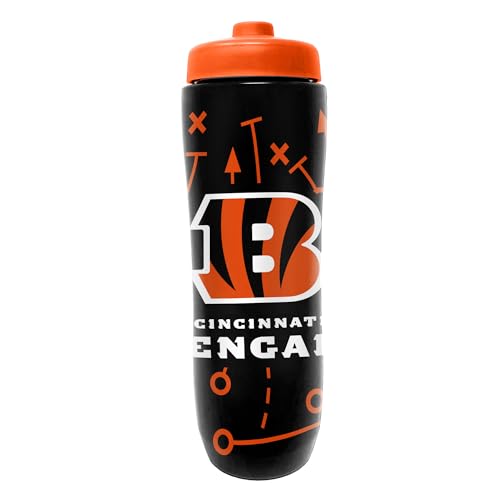 Image of Party Animal NFL Football Squeeze Bottle, 32 oz, Cincinnati Bengals | Slim, lightweight BPA-free sports water bottle with quick-flow squeeze; fits backpacks & cup holders for kids or adults